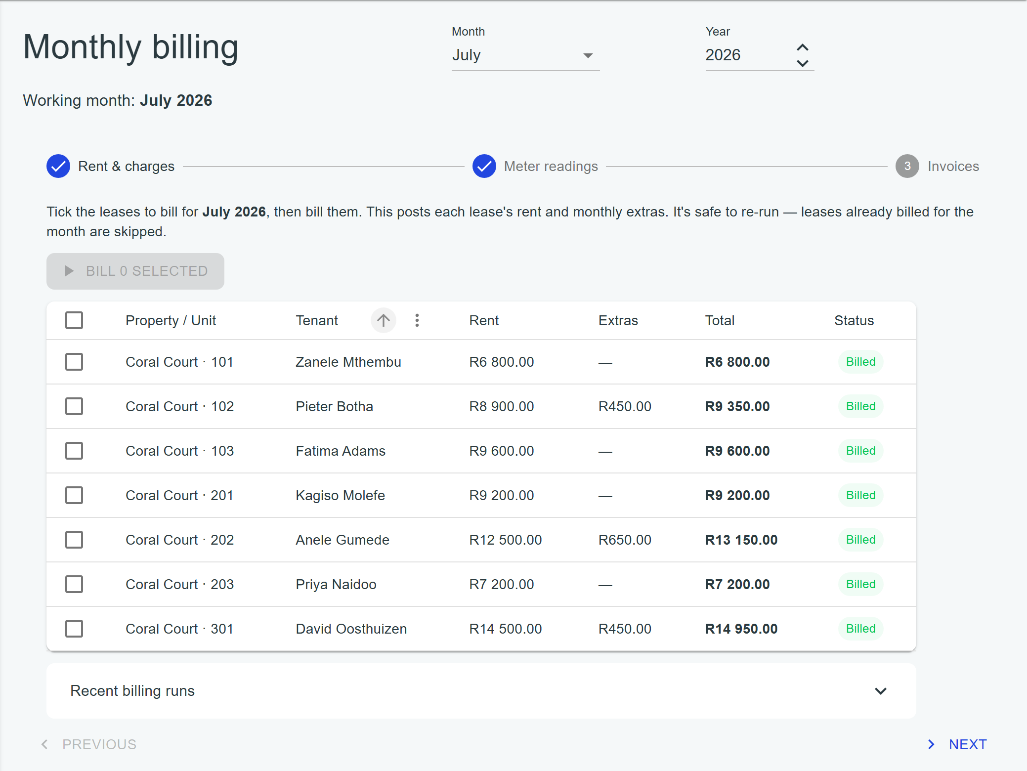The monthly billing workspace: rent and charges per lease with one Bill button