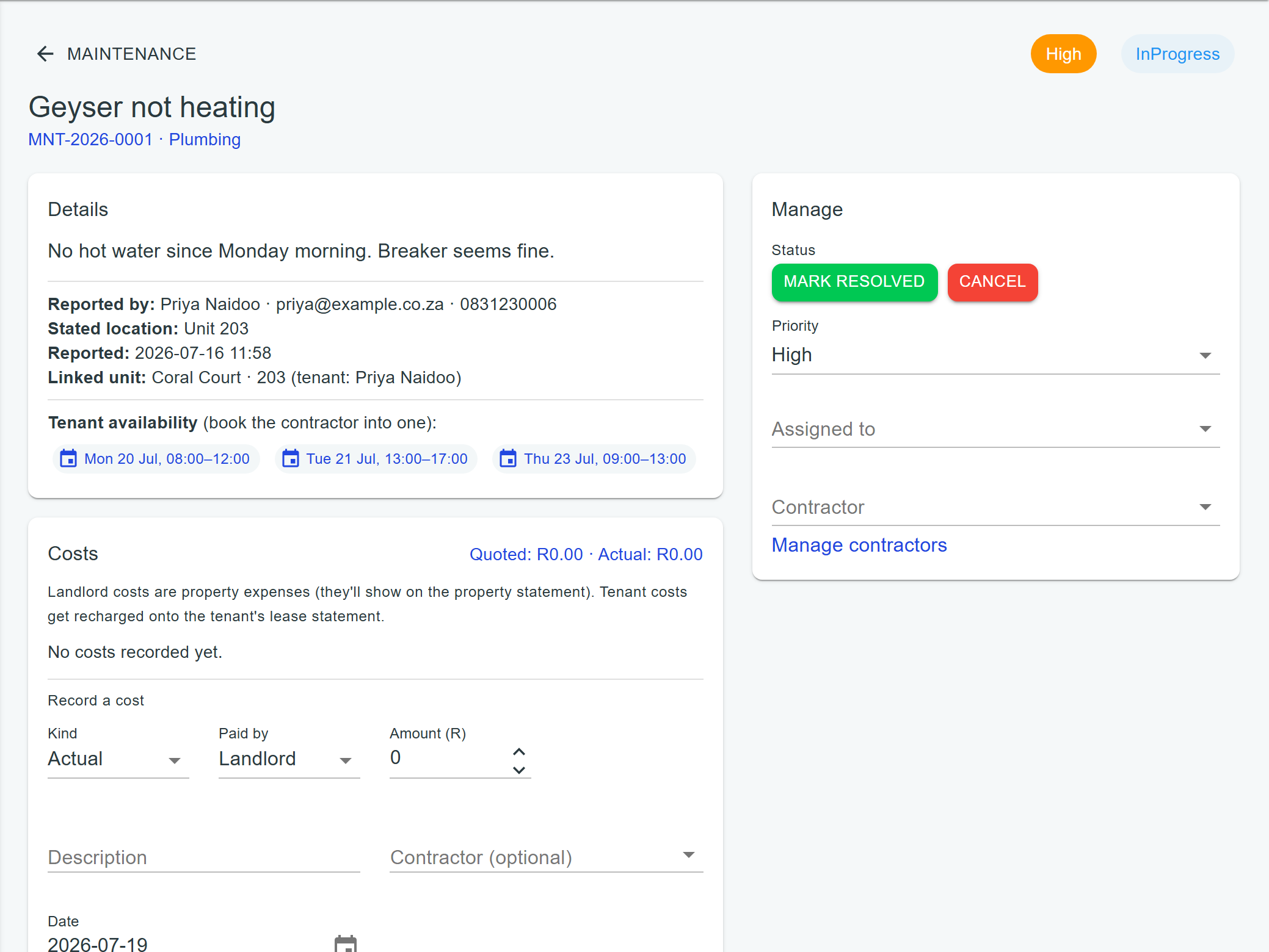 Maintenance cases with references, priorities and statuses